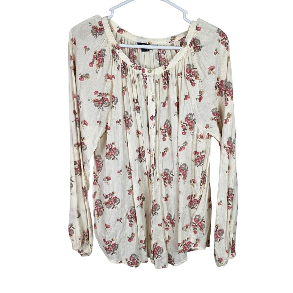Chaps Floral Peasant Blouse Womens L Ivory Good Button Front Boho Long Sleeve